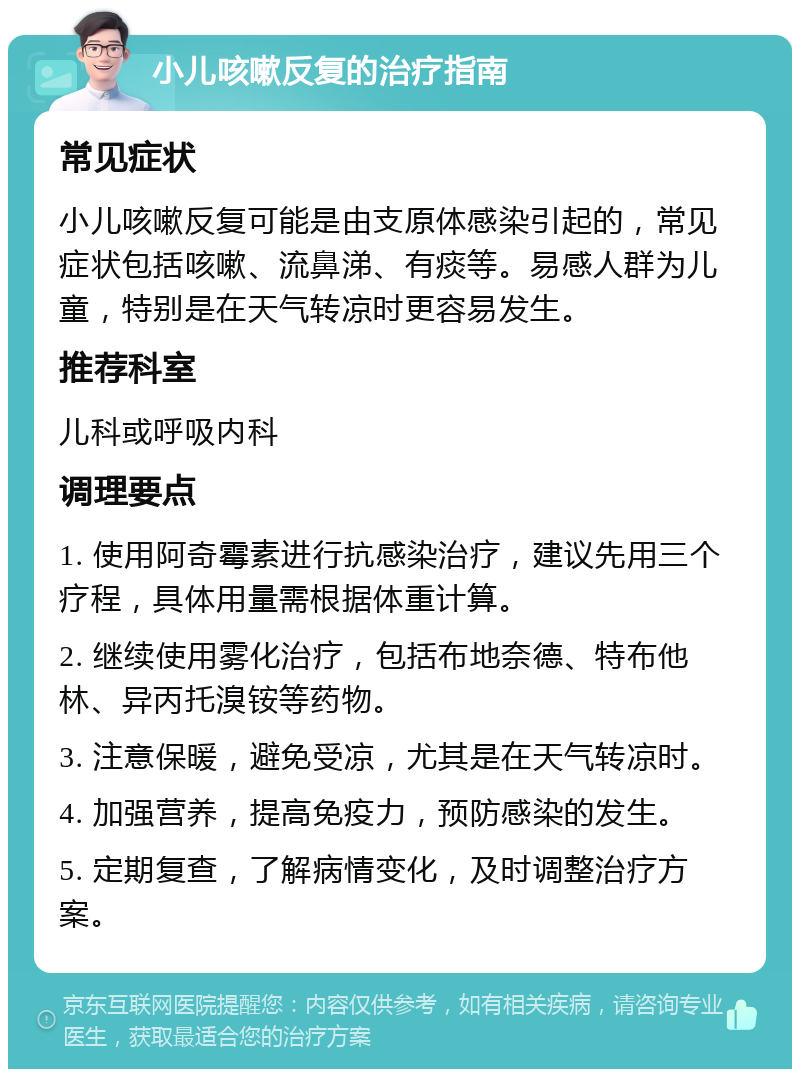 小儿咳嗽反复的治疗指南 常见症状 小儿咳嗽反复可能是由支原体感染引起的，常见症状包括咳嗽、流鼻涕、有痰等。易感人群为儿童，特别是在天气转凉时更容易发生。 推荐科室 儿科或呼吸内科 调理要点 1. 使用阿奇霉素进行抗感染治疗，建议先用三个疗程，具体用量需根据体重计算。 2. 继续使用雾化治疗，包括布地奈德、特布他林、异丙托溴铵等药物。 3. 注意保暖，避免受凉，尤其是在天气转凉时。 4. 加强营养，提高免疫力，预防感染的发生。 5. 定期复查，了解病情变化，及时调整治疗方案。