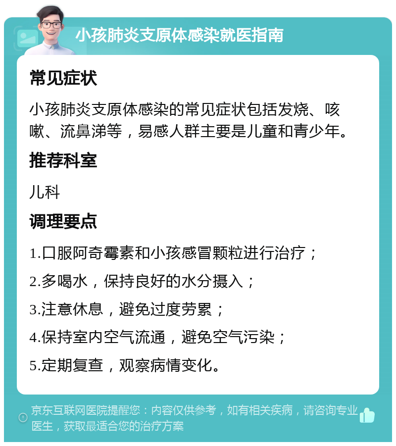 小孩肺炎支原体感染就医指南 常见症状 小孩肺炎支原体感染的常见症状包括发烧、咳嗽、流鼻涕等，易感人群主要是儿童和青少年。 推荐科室 儿科 调理要点 1.口服阿奇霉素和小孩感冒颗粒进行治疗； 2.多喝水，保持良好的水分摄入； 3.注意休息，避免过度劳累； 4.保持室内空气流通，避免空气污染； 5.定期复查，观察病情变化。