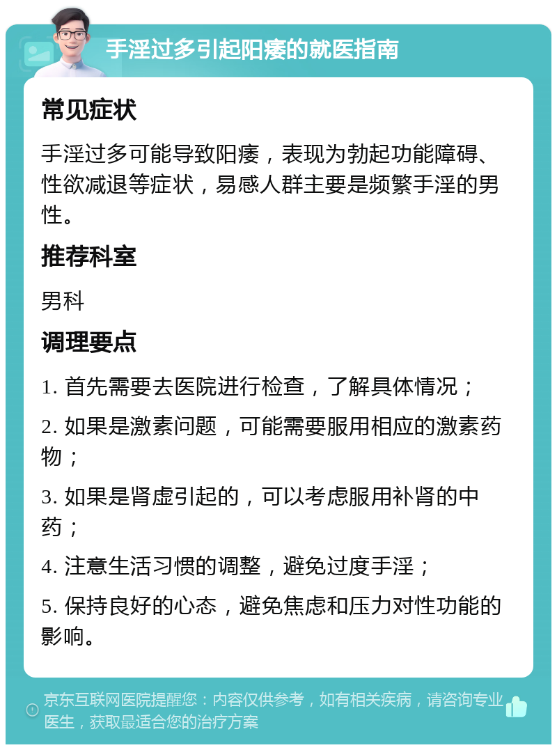 手淫过多引起阳痿的就医指南 常见症状 手淫过多可能导致阳痿，表现为勃起功能障碍、性欲减退等症状，易感人群主要是频繁手淫的男性。 推荐科室 男科 调理要点 1. 首先需要去医院进行检查，了解具体情况； 2. 如果是激素问题，可能需要服用相应的激素药物； 3. 如果是肾虚引起的，可以考虑服用补肾的中药； 4. 注意生活习惯的调整，避免过度手淫； 5. 保持良好的心态，避免焦虑和压力对性功能的影响。