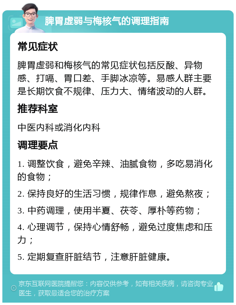 脾胃虚弱与梅核气的调理指南 常见症状 脾胃虚弱和梅核气的常见症状包括反酸、异物感、打嗝、胃口差、手脚冰凉等。易感人群主要是长期饮食不规律、压力大、情绪波动的人群。 推荐科室 中医内科或消化内科 调理要点 1. 调整饮食，避免辛辣、油腻食物，多吃易消化的食物； 2. 保持良好的生活习惯，规律作息，避免熬夜； 3. 中药调理，使用半夏、茯苓、厚朴等药物； 4. 心理调节，保持心情舒畅，避免过度焦虑和压力； 5. 定期复查肝脏结节，注意肝脏健康。