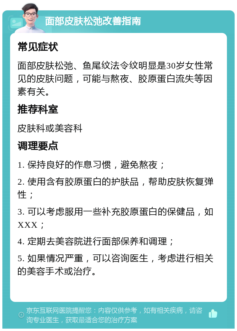 面部皮肤松弛改善指南 常见症状 面部皮肤松弛、鱼尾纹法令纹明显是30岁女性常见的皮肤问题，可能与熬夜、胶原蛋白流失等因素有关。 推荐科室 皮肤科或美容科 调理要点 1. 保持良好的作息习惯，避免熬夜； 2. 使用含有胶原蛋白的护肤品，帮助皮肤恢复弹性； 3. 可以考虑服用一些补充胶原蛋白的保健品，如XXX； 4. 定期去美容院进行面部保养和调理； 5. 如果情况严重，可以咨询医生，考虑进行相关的美容手术或治疗。