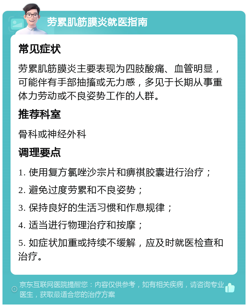 劳累肌筋膜炎就医指南 常见症状 劳累肌筋膜炎主要表现为四肢酸痛、血管明显，可能伴有手部抽搐或无力感，多见于长期从事重体力劳动或不良姿势工作的人群。 推荐科室 骨科或神经外科 调理要点 1. 使用复方氯唑沙宗片和痹祺胶囊进行治疗； 2. 避免过度劳累和不良姿势； 3. 保持良好的生活习惯和作息规律； 4. 适当进行物理治疗和按摩； 5. 如症状加重或持续不缓解，应及时就医检查和治疗。