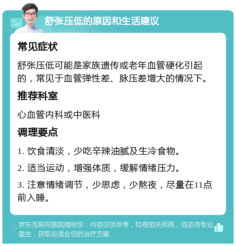 舒张压低的原因和生活建议 常见症状 舒张压低可能是家族遗传或老年血管硬化引起的，常见于血管弹性差、脉压差增大的情况下。 推荐科室 心血管内科或中医科 调理要点 1. 饮食清淡，少吃辛辣油腻及生冷食物。 2. 适当运动，增强体质，缓解情绪压力。 3. 注意情绪调节，少思虑，少熬夜，尽量在11点前入睡。