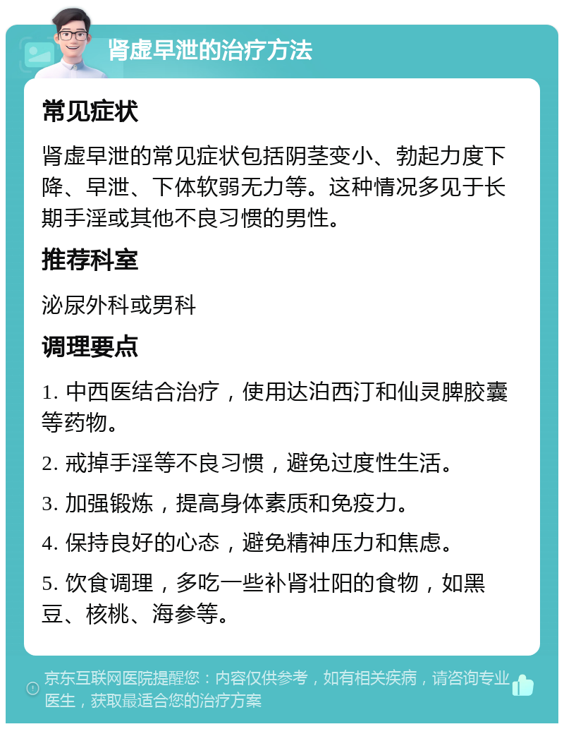 肾虚早泄的治疗方法 常见症状 肾虚早泄的常见症状包括阴茎变小、勃起力度下降、早泄、下体软弱无力等。这种情况多见于长期手淫或其他不良习惯的男性。 推荐科室 泌尿外科或男科 调理要点 1. 中西医结合治疗，使用达泊西汀和仙灵脾胶囊等药物。 2. 戒掉手淫等不良习惯，避免过度性生活。 3. 加强锻炼，提高身体素质和免疫力。 4. 保持良好的心态，避免精神压力和焦虑。 5. 饮食调理，多吃一些补肾壮阳的食物，如黑豆、核桃、海参等。