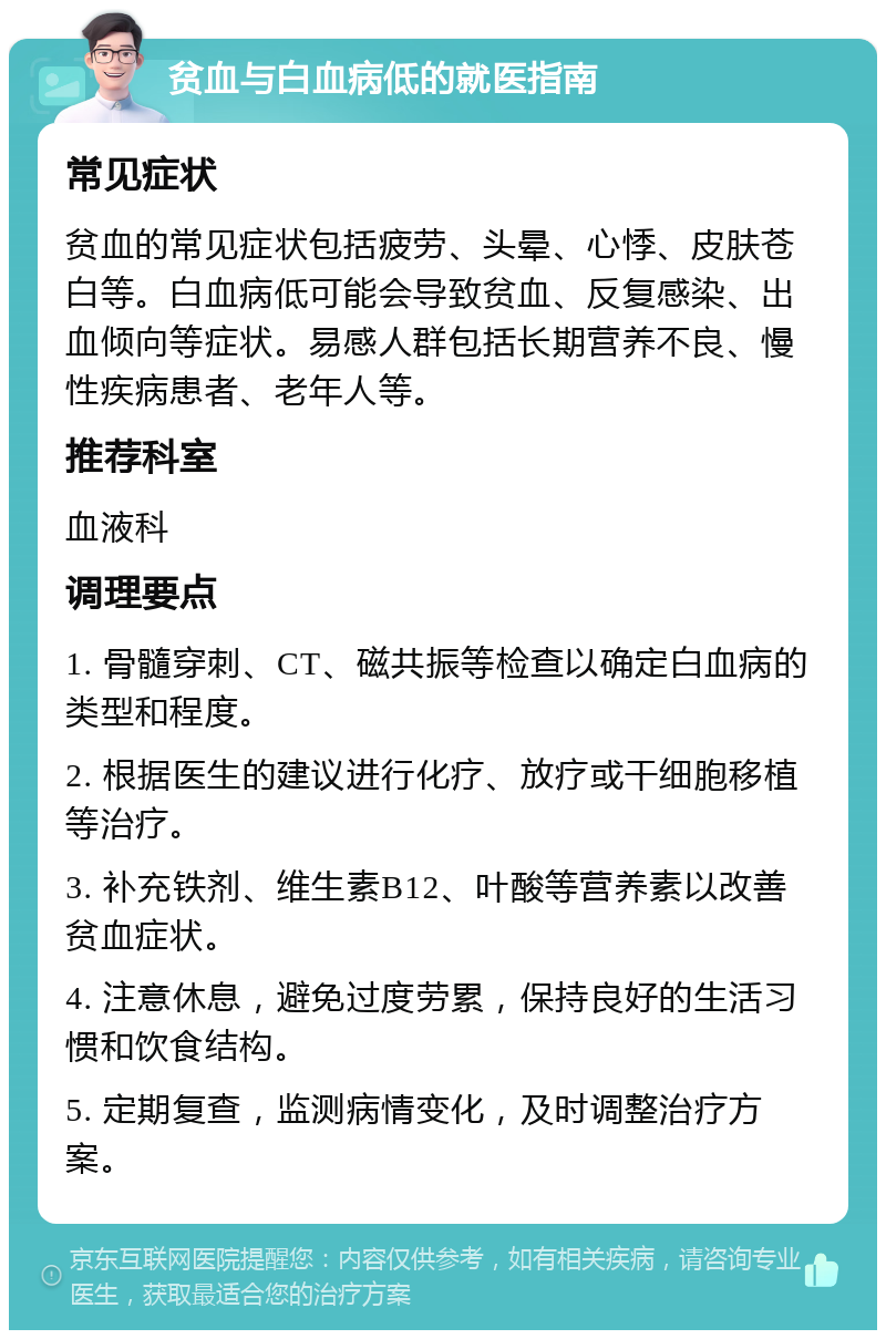 贫血与白血病低的就医指南 常见症状 贫血的常见症状包括疲劳、头晕、心悸、皮肤苍白等。白血病低可能会导致贫血、反复感染、出血倾向等症状。易感人群包括长期营养不良、慢性疾病患者、老年人等。 推荐科室 血液科 调理要点 1. 骨髓穿刺、CT、磁共振等检查以确定白血病的类型和程度。 2. 根据医生的建议进行化疗、放疗或干细胞移植等治疗。 3. 补充铁剂、维生素B12、叶酸等营养素以改善贫血症状。 4. 注意休息，避免过度劳累，保持良好的生活习惯和饮食结构。 5. 定期复查，监测病情变化，及时调整治疗方案。