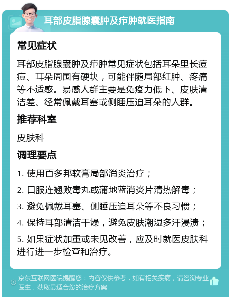 耳部皮脂腺囊肿及疖肿就医指南 常见症状 耳部皮脂腺囊肿及疖肿常见症状包括耳朵里长痘痘、耳朵周围有硬块，可能伴随局部红肿、疼痛等不适感。易感人群主要是免疫力低下、皮肤清洁差、经常佩戴耳塞或侧睡压迫耳朵的人群。 推荐科室 皮肤科 调理要点 1. 使用百多邦软膏局部消炎治疗； 2. 口服连翘败毒丸或蒲地蓝消炎片清热解毒； 3. 避免佩戴耳塞、侧睡压迫耳朵等不良习惯； 4. 保持耳部清洁干燥，避免皮肤潮湿多汗浸渍； 5. 如果症状加重或未见改善，应及时就医皮肤科进行进一步检查和治疗。