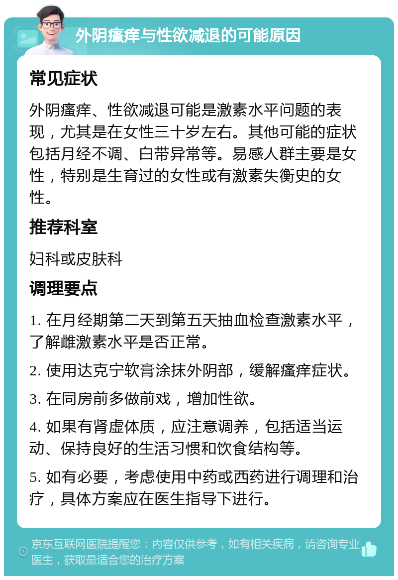 外阴瘙痒与性欲减退的可能原因 常见症状 外阴瘙痒、性欲减退可能是激素水平问题的表现，尤其是在女性三十岁左右。其他可能的症状包括月经不调、白带异常等。易感人群主要是女性，特别是生育过的女性或有激素失衡史的女性。 推荐科室 妇科或皮肤科 调理要点 1. 在月经期第二天到第五天抽血检查激素水平，了解雌激素水平是否正常。 2. 使用达克宁软膏涂抹外阴部，缓解瘙痒症状。 3. 在同房前多做前戏，增加性欲。 4. 如果有肾虚体质，应注意调养，包括适当运动、保持良好的生活习惯和饮食结构等。 5. 如有必要，考虑使用中药或西药进行调理和治疗，具体方案应在医生指导下进行。