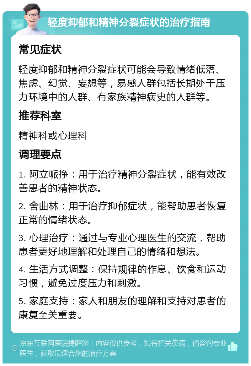 轻度抑郁和精神分裂症状的治疗指南 常见症状 轻度抑郁和精神分裂症状可能会导致情绪低落、焦虑、幻觉、妄想等，易感人群包括长期处于压力环境中的人群、有家族精神病史的人群等。 推荐科室 精神科或心理科 调理要点 1. 阿立哌挣：用于治疗精神分裂症状，能有效改善患者的精神状态。 2. 舍曲林：用于治疗抑郁症状，能帮助患者恢复正常的情绪状态。 3. 心理治疗：通过与专业心理医生的交流，帮助患者更好地理解和处理自己的情绪和想法。 4. 生活方式调整：保持规律的作息、饮食和运动习惯，避免过度压力和刺激。 5. 家庭支持：家人和朋友的理解和支持对患者的康复至关重要。