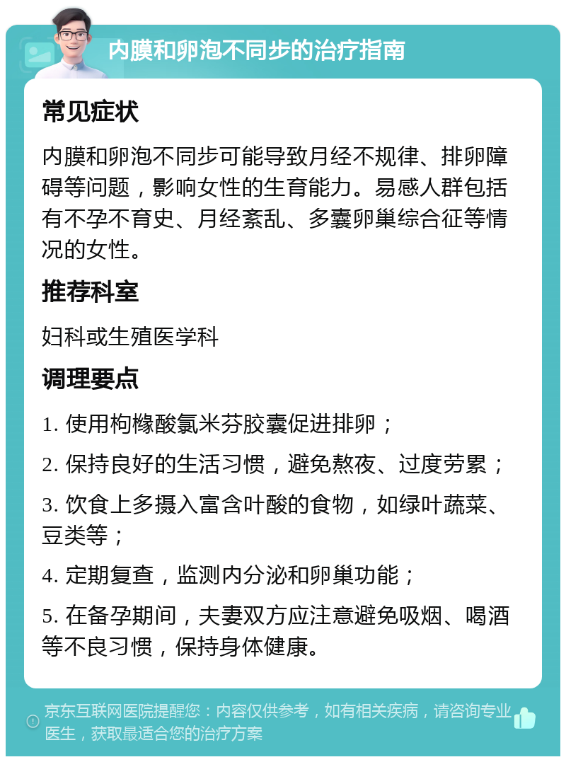 内膜和卵泡不同步的治疗指南 常见症状 内膜和卵泡不同步可能导致月经不规律、排卵障碍等问题，影响女性的生育能力。易感人群包括有不孕不育史、月经紊乱、多囊卵巢综合征等情况的女性。 推荐科室 妇科或生殖医学科 调理要点 1. 使用枸橼酸氯米芬胶囊促进排卵； 2. 保持良好的生活习惯，避免熬夜、过度劳累； 3. 饮食上多摄入富含叶酸的食物，如绿叶蔬菜、豆类等； 4. 定期复查，监测内分泌和卵巢功能； 5. 在备孕期间，夫妻双方应注意避免吸烟、喝酒等不良习惯，保持身体健康。