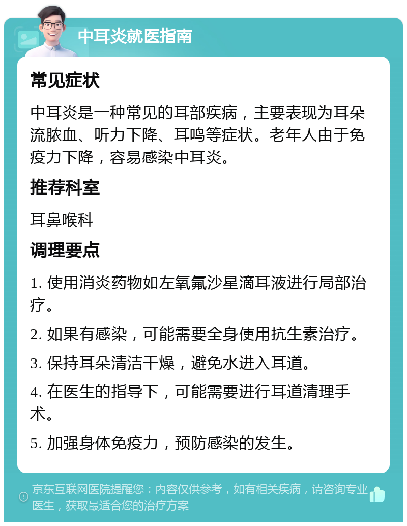 中耳炎就医指南 常见症状 中耳炎是一种常见的耳部疾病，主要表现为耳朵流脓血、听力下降、耳鸣等症状。老年人由于免疫力下降，容易感染中耳炎。 推荐科室 耳鼻喉科 调理要点 1. 使用消炎药物如左氧氟沙星滴耳液进行局部治疗。 2. 如果有感染，可能需要全身使用抗生素治疗。 3. 保持耳朵清洁干燥，避免水进入耳道。 4. 在医生的指导下，可能需要进行耳道清理手术。 5. 加强身体免疫力，预防感染的发生。