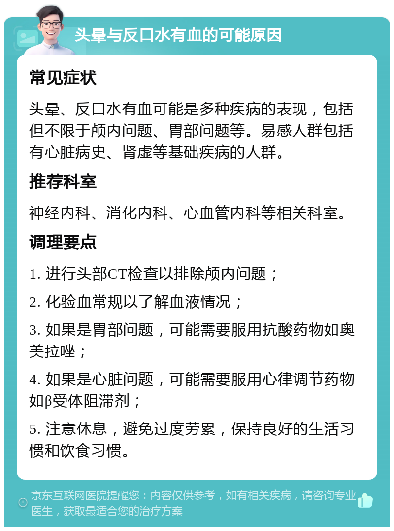 头晕与反口水有血的可能原因 常见症状 头晕、反口水有血可能是多种疾病的表现，包括但不限于颅内问题、胃部问题等。易感人群包括有心脏病史、肾虚等基础疾病的人群。 推荐科室 神经内科、消化内科、心血管内科等相关科室。 调理要点 1. 进行头部CT检查以排除颅内问题； 2. 化验血常规以了解血液情况； 3. 如果是胃部问题，可能需要服用抗酸药物如奥美拉唑； 4. 如果是心脏问题，可能需要服用心律调节药物如β受体阻滞剂； 5. 注意休息，避免过度劳累，保持良好的生活习惯和饮食习惯。