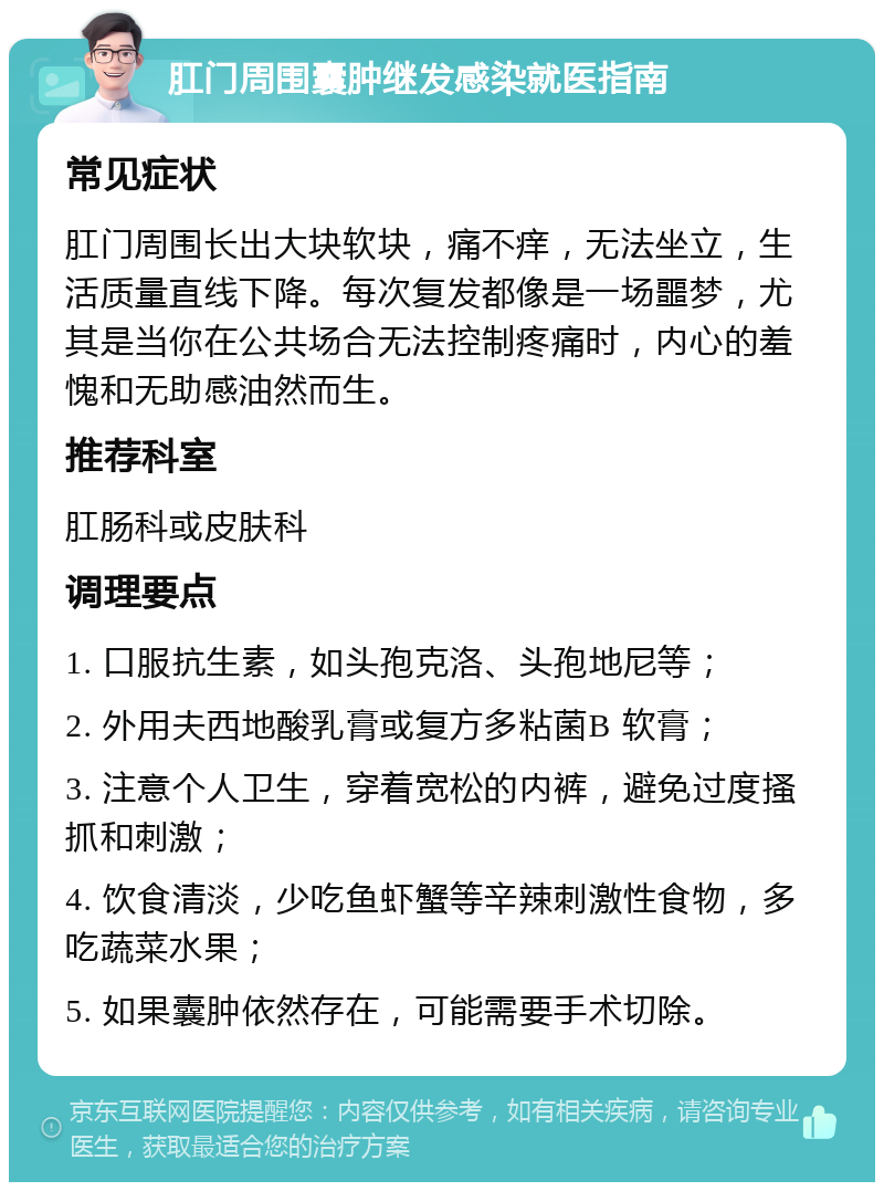 肛门周围囊肿继发感染就医指南 常见症状 肛门周围长出大块软块，痛不痒，无法坐立，生活质量直线下降。每次复发都像是一场噩梦，尤其是当你在公共场合无法控制疼痛时，内心的羞愧和无助感油然而生。 推荐科室 肛肠科或皮肤科 调理要点 1. 口服抗生素，如头孢克洛、头孢地尼等； 2. 外用夫西地酸乳膏或复方多粘菌B 软膏； 3. 注意个人卫生，穿着宽松的内裤，避免过度搔抓和刺激； 4. 饮食清淡，少吃鱼虾蟹等辛辣刺激性食物，多吃蔬菜水果； 5. 如果囊肿依然存在，可能需要手术切除。