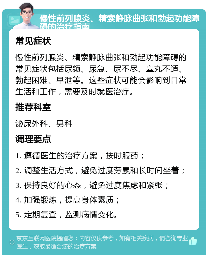 慢性前列腺炎、精索静脉曲张和勃起功能障碍的治疗指南 常见症状 慢性前列腺炎、精索静脉曲张和勃起功能障碍的常见症状包括尿频、尿急、尿不尽、睾丸不适、勃起困难、早泄等。这些症状可能会影响到日常生活和工作，需要及时就医治疗。 推荐科室 泌尿外科、男科 调理要点 1. 遵循医生的治疗方案，按时服药； 2. 调整生活方式，避免过度劳累和长时间坐着； 3. 保持良好的心态，避免过度焦虑和紧张； 4. 加强锻炼，提高身体素质； 5. 定期复查，监测病情变化。