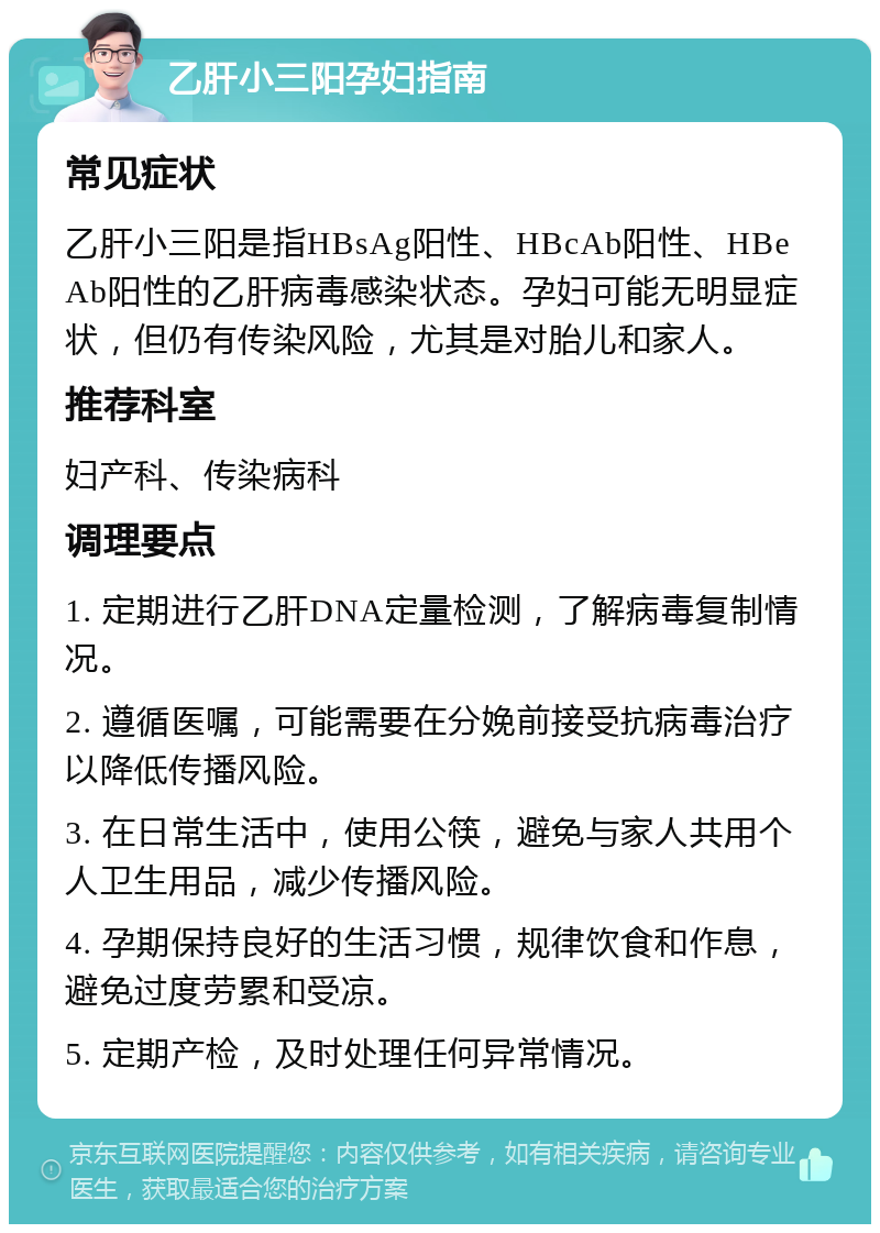 乙肝小三阳孕妇指南 常见症状 乙肝小三阳是指HBsAg阳性、HBcAb阳性、HBeAb阳性的乙肝病毒感染状态。孕妇可能无明显症状，但仍有传染风险，尤其是对胎儿和家人。 推荐科室 妇产科、传染病科 调理要点 1. 定期进行乙肝DNA定量检测，了解病毒复制情况。 2. 遵循医嘱，可能需要在分娩前接受抗病毒治疗以降低传播风险。 3. 在日常生活中，使用公筷，避免与家人共用个人卫生用品，减少传播风险。 4. 孕期保持良好的生活习惯，规律饮食和作息，避免过度劳累和受凉。 5. 定期产检，及时处理任何异常情况。