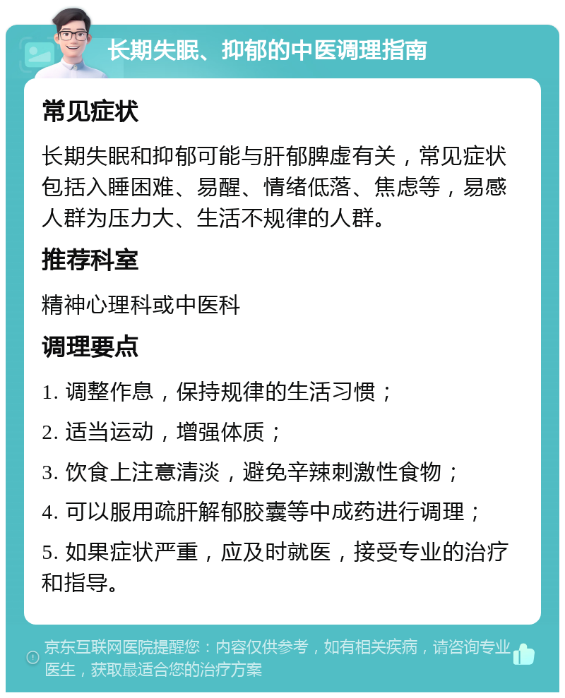 长期失眠、抑郁的中医调理指南 常见症状 长期失眠和抑郁可能与肝郁脾虚有关，常见症状包括入睡困难、易醒、情绪低落、焦虑等，易感人群为压力大、生活不规律的人群。 推荐科室 精神心理科或中医科 调理要点 1. 调整作息，保持规律的生活习惯； 2. 适当运动，增强体质； 3. 饮食上注意清淡，避免辛辣刺激性食物； 4. 可以服用疏肝解郁胶囊等中成药进行调理； 5. 如果症状严重，应及时就医，接受专业的治疗和指导。