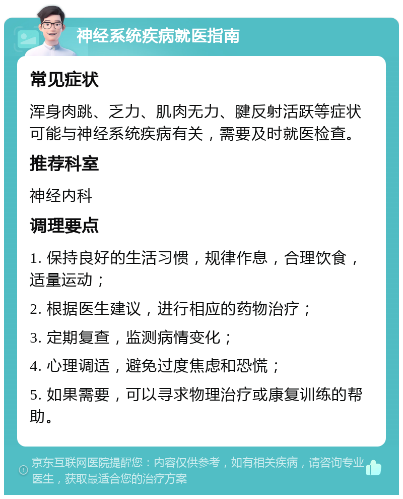 神经系统疾病就医指南 常见症状 浑身肉跳、乏力、肌肉无力、腱反射活跃等症状可能与神经系统疾病有关，需要及时就医检查。 推荐科室 神经内科 调理要点 1. 保持良好的生活习惯，规律作息，合理饮食，适量运动； 2. 根据医生建议，进行相应的药物治疗； 3. 定期复查，监测病情变化； 4. 心理调适，避免过度焦虑和恐慌； 5. 如果需要，可以寻求物理治疗或康复训练的帮助。