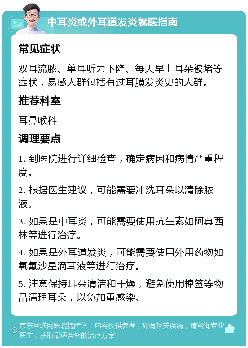 中耳炎或外耳道发炎就医指南 常见症状 双耳流脓、单耳听力下降、每天早上耳朵被堵等症状，易感人群包括有过耳膜发炎史的人群。 推荐科室 耳鼻喉科 调理要点 1. 到医院进行详细检查，确定病因和病情严重程度。 2. 根据医生建议，可能需要冲洗耳朵以清除脓液。 3. 如果是中耳炎，可能需要使用抗生素如阿莫西林等进行治疗。 4. 如果是外耳道发炎，可能需要使用外用药物如氧氟沙星滴耳液等进行治疗。 5. 注意保持耳朵清洁和干燥，避免使用棉签等物品清理耳朵，以免加重感染。