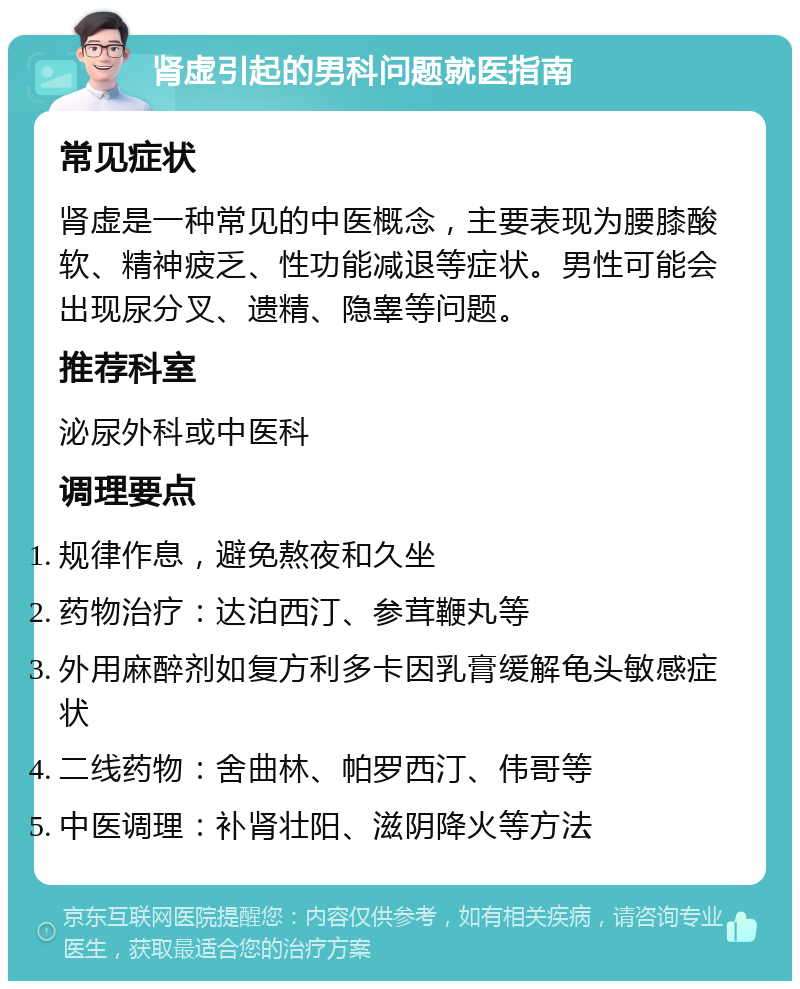 肾虚引起的男科问题就医指南 常见症状 肾虚是一种常见的中医概念，主要表现为腰膝酸软、精神疲乏、性功能减退等症状。男性可能会出现尿分叉、遗精、隐睾等问题。 推荐科室 泌尿外科或中医科 调理要点 规律作息，避免熬夜和久坐 药物治疗：达泊西汀、参茸鞭丸等 外用麻醉剂如复方利多卡因乳膏缓解龟头敏感症状 二线药物：舍曲林、帕罗西汀、伟哥等 中医调理：补肾壮阳、滋阴降火等方法