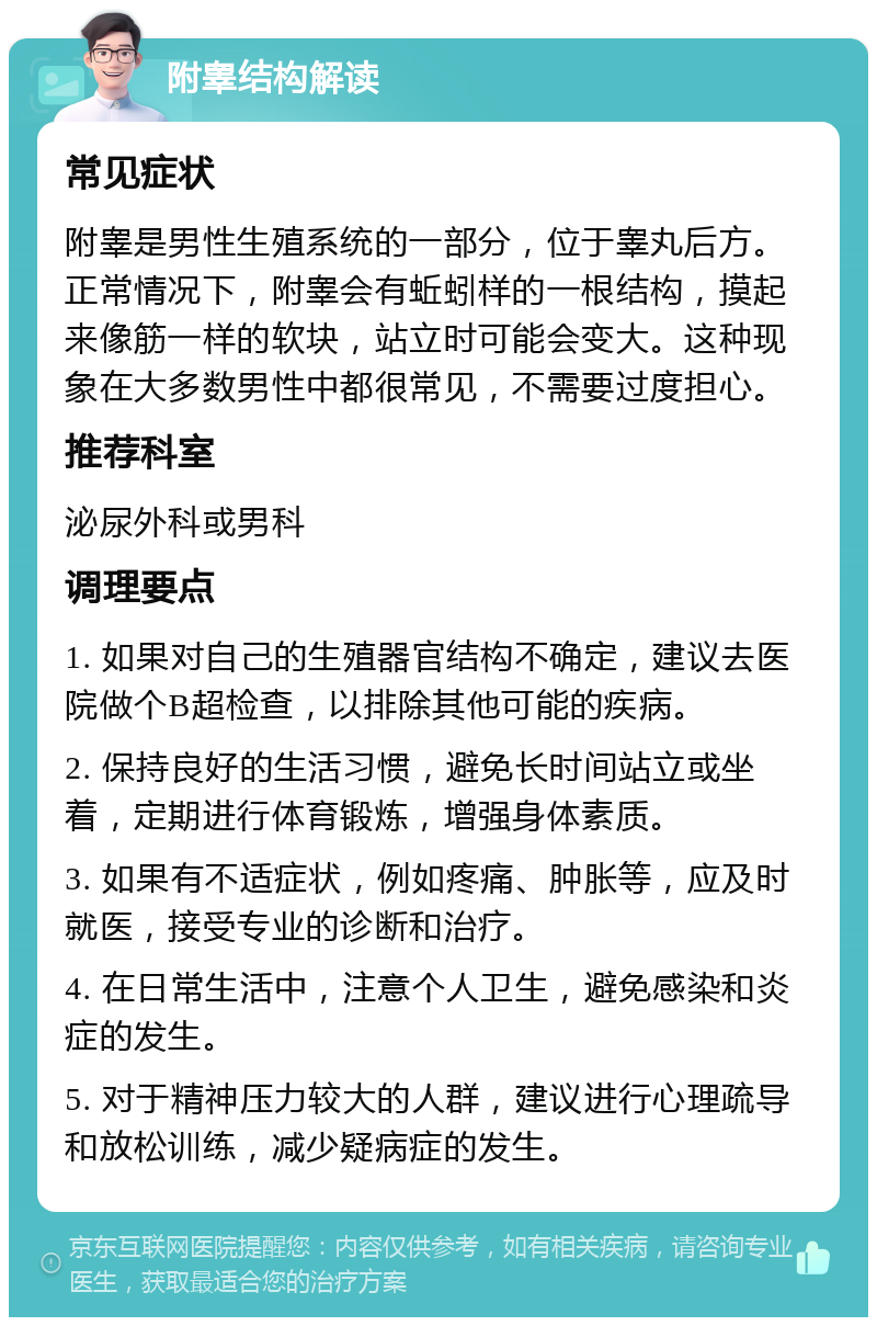 附睾结构解读 常见症状 附睾是男性生殖系统的一部分，位于睾丸后方。正常情况下，附睾会有蚯蚓样的一根结构，摸起来像筋一样的软块，站立时可能会变大。这种现象在大多数男性中都很常见，不需要过度担心。 推荐科室 泌尿外科或男科 调理要点 1. 如果对自己的生殖器官结构不确定，建议去医院做个B超检查，以排除其他可能的疾病。 2. 保持良好的生活习惯，避免长时间站立或坐着，定期进行体育锻炼，增强身体素质。 3. 如果有不适症状，例如疼痛、肿胀等，应及时就医，接受专业的诊断和治疗。 4. 在日常生活中，注意个人卫生，避免感染和炎症的发生。 5. 对于精神压力较大的人群，建议进行心理疏导和放松训练，减少疑病症的发生。