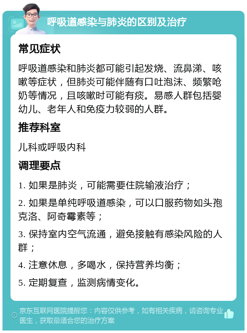 呼吸道感染与肺炎的区别及治疗 常见症状 呼吸道感染和肺炎都可能引起发烧、流鼻涕、咳嗽等症状，但肺炎可能伴随有口吐泡沫、频繁呛奶等情况，且咳嗽时可能有痰。易感人群包括婴幼儿、老年人和免疫力较弱的人群。 推荐科室 儿科或呼吸内科 调理要点 1. 如果是肺炎，可能需要住院输液治疗； 2. 如果是单纯呼吸道感染，可以口服药物如头孢克洛、阿奇霉素等； 3. 保持室内空气流通，避免接触有感染风险的人群； 4. 注意休息，多喝水，保持营养均衡； 5. 定期复查，监测病情变化。