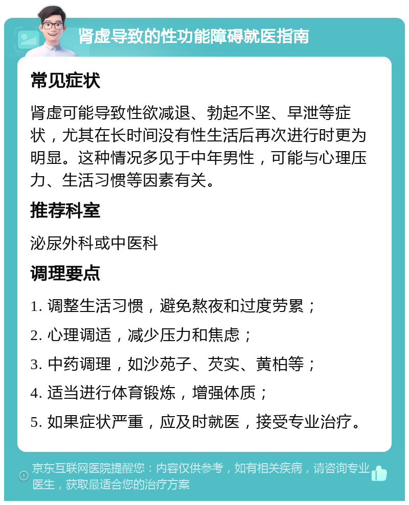 肾虚导致的性功能障碍就医指南 常见症状 肾虚可能导致性欲减退、勃起不坚、早泄等症状，尤其在长时间没有性生活后再次进行时更为明显。这种情况多见于中年男性，可能与心理压力、生活习惯等因素有关。 推荐科室 泌尿外科或中医科 调理要点 1. 调整生活习惯，避免熬夜和过度劳累； 2. 心理调适，减少压力和焦虑； 3. 中药调理，如沙苑子、芡实、黄柏等； 4. 适当进行体育锻炼，增强体质； 5. 如果症状严重，应及时就医，接受专业治疗。