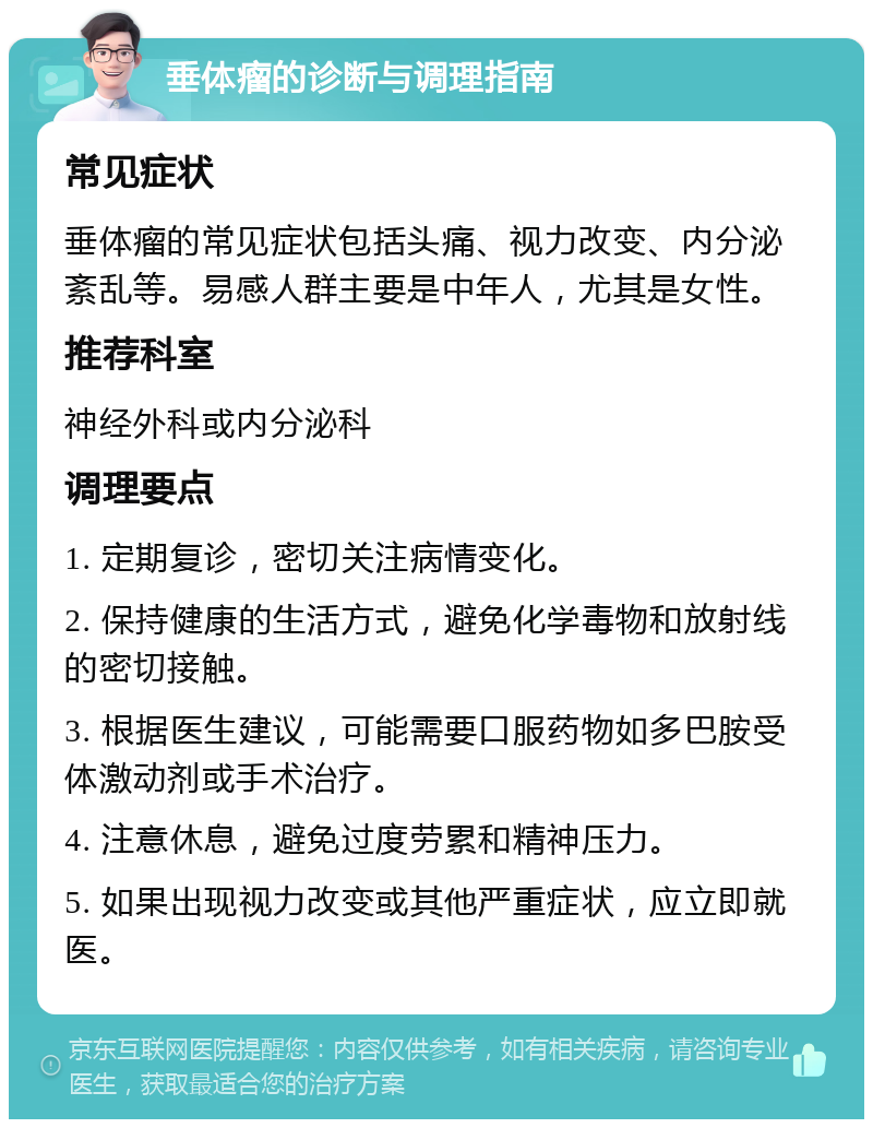 垂体瘤的诊断与调理指南 常见症状 垂体瘤的常见症状包括头痛、视力改变、内分泌紊乱等。易感人群主要是中年人，尤其是女性。 推荐科室 神经外科或内分泌科 调理要点 1. 定期复诊，密切关注病情变化。 2. 保持健康的生活方式，避免化学毒物和放射线的密切接触。 3. 根据医生建议，可能需要口服药物如多巴胺受体激动剂或手术治疗。 4. 注意休息，避免过度劳累和精神压力。 5. 如果出现视力改变或其他严重症状，应立即就医。