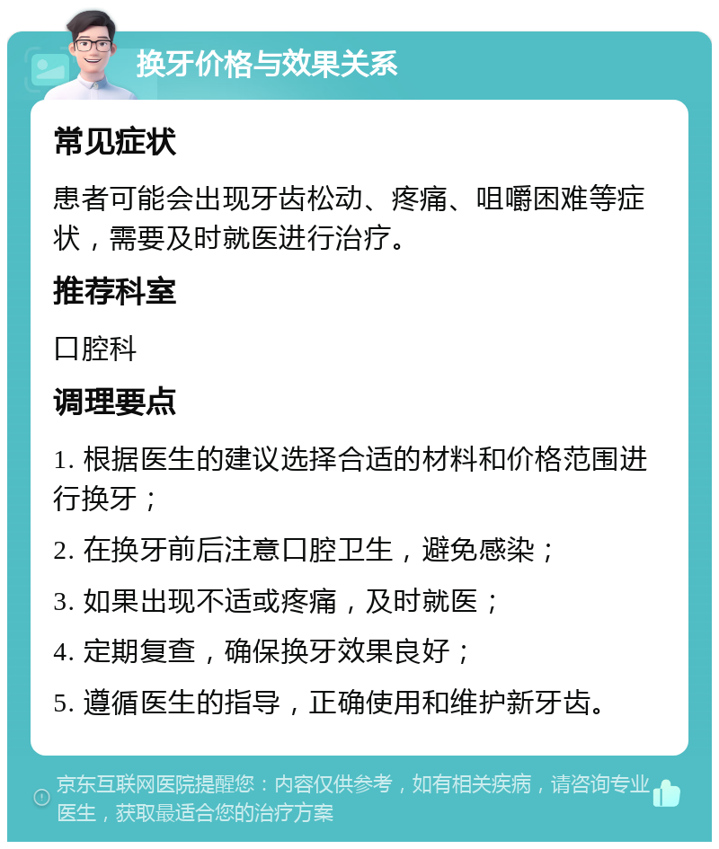 换牙价格与效果关系 常见症状 患者可能会出现牙齿松动、疼痛、咀嚼困难等症状，需要及时就医进行治疗。 推荐科室 口腔科 调理要点 1. 根据医生的建议选择合适的材料和价格范围进行换牙； 2. 在换牙前后注意口腔卫生，避免感染； 3. 如果出现不适或疼痛，及时就医； 4. 定期复查，确保换牙效果良好； 5. 遵循医生的指导，正确使用和维护新牙齿。