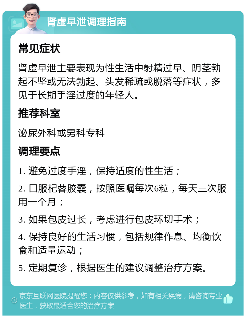 肾虚早泄调理指南 常见症状 肾虚早泄主要表现为性生活中射精过早、阴茎勃起不坚或无法勃起、头发稀疏或脱落等症状，多见于长期手淫过度的年轻人。 推荐科室 泌尿外科或男科专科 调理要点 1. 避免过度手淫，保持适度的性生活； 2. 口服杞蓉胶囊，按照医嘱每次6粒，每天三次服用一个月； 3. 如果包皮过长，考虑进行包皮环切手术； 4. 保持良好的生活习惯，包括规律作息、均衡饮食和适量运动； 5. 定期复诊，根据医生的建议调整治疗方案。