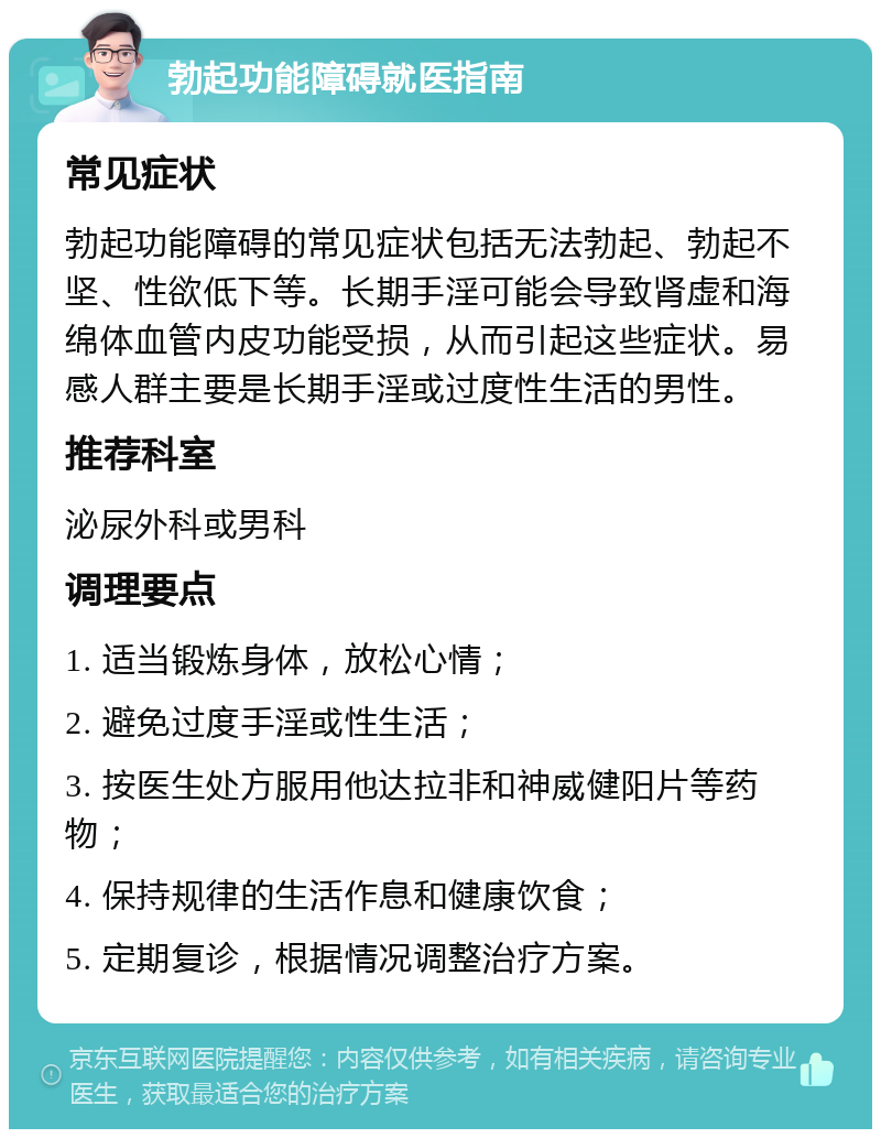 勃起功能障碍就医指南 常见症状 勃起功能障碍的常见症状包括无法勃起、勃起不坚、性欲低下等。长期手淫可能会导致肾虚和海绵体血管内皮功能受损，从而引起这些症状。易感人群主要是长期手淫或过度性生活的男性。 推荐科室 泌尿外科或男科 调理要点 1. 适当锻炼身体，放松心情； 2. 避免过度手淫或性生活； 3. 按医生处方服用他达拉非和神威健阳片等药物； 4. 保持规律的生活作息和健康饮食； 5. 定期复诊，根据情况调整治疗方案。