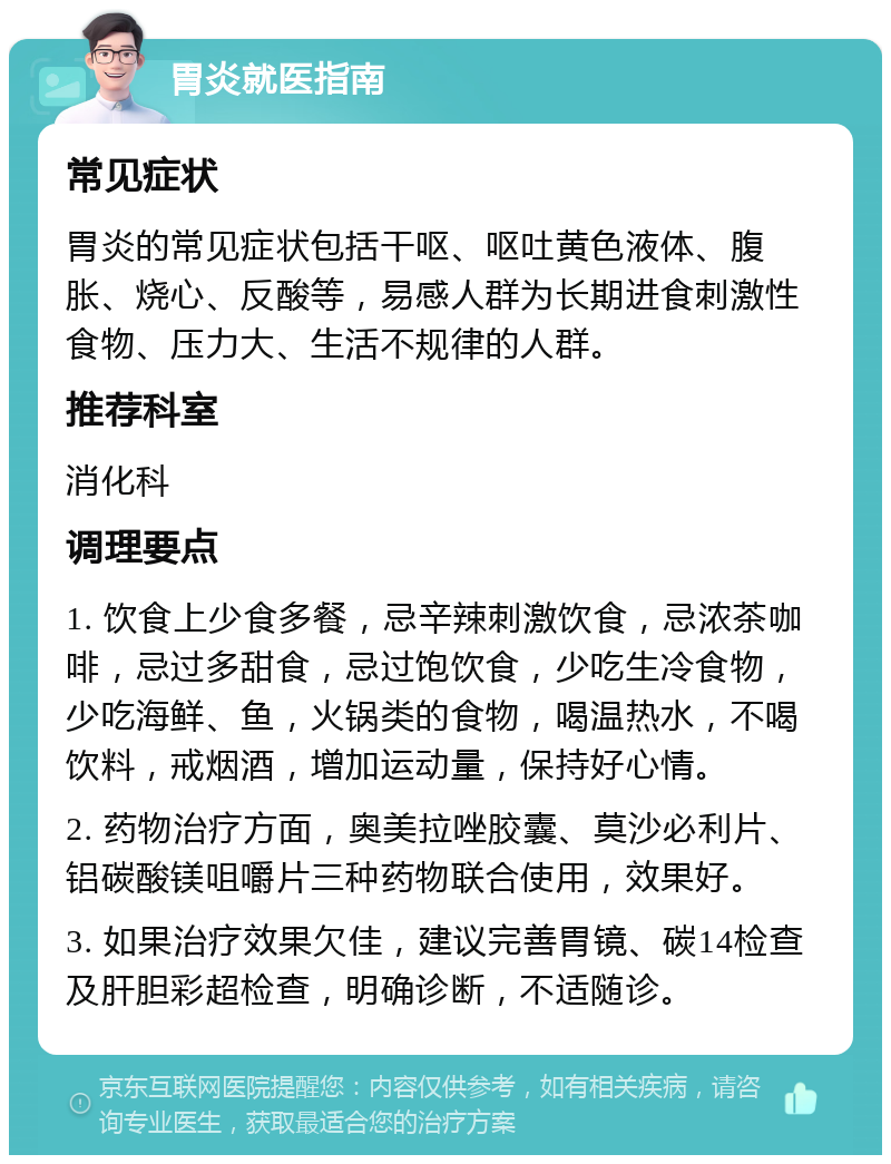 胃炎就医指南 常见症状 胃炎的常见症状包括干呕、呕吐黄色液体、腹胀、烧心、反酸等，易感人群为长期进食刺激性食物、压力大、生活不规律的人群。 推荐科室 消化科 调理要点 1. 饮食上少食多餐，忌辛辣刺激饮食，忌浓茶咖啡，忌过多甜食，忌过饱饮食，少吃生冷食物，少吃海鲜、鱼，火锅类的食物，喝温热水，不喝饮料，戒烟酒，增加运动量，保持好心情。 2. 药物治疗方面，奥美拉唑胶囊、莫沙必利片、铝碳酸镁咀嚼片三种药物联合使用，效果好。 3. 如果治疗效果欠佳，建议完善胃镜、碳14检查及肝胆彩超检查，明确诊断，不适随诊。