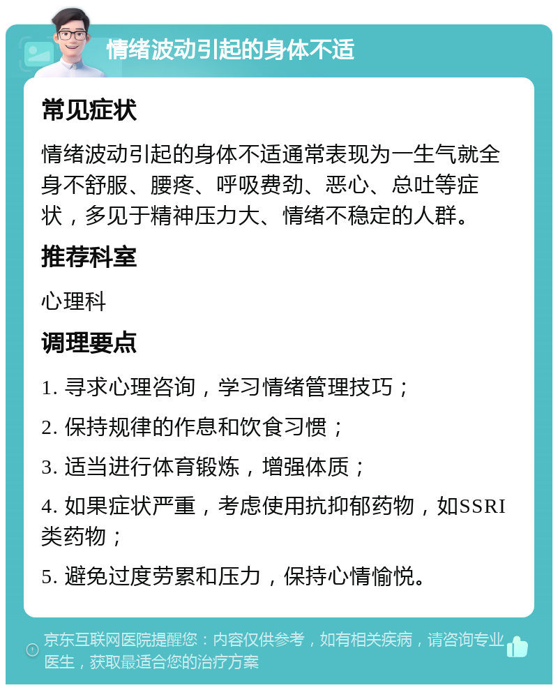 情绪波动引起的身体不适 常见症状 情绪波动引起的身体不适通常表现为一生气就全身不舒服、腰疼、呼吸费劲、恶心、总吐等症状，多见于精神压力大、情绪不稳定的人群。 推荐科室 心理科 调理要点 1. 寻求心理咨询，学习情绪管理技巧； 2. 保持规律的作息和饮食习惯； 3. 适当进行体育锻炼，增强体质； 4. 如果症状严重，考虑使用抗抑郁药物，如SSRI类药物； 5. 避免过度劳累和压力，保持心情愉悦。