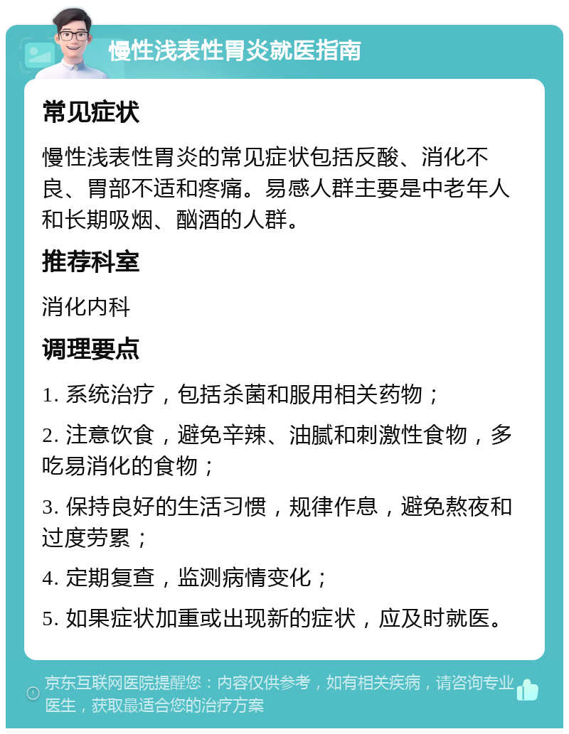 慢性浅表性胃炎就医指南 常见症状 慢性浅表性胃炎的常见症状包括反酸、消化不良、胃部不适和疼痛。易感人群主要是中老年人和长期吸烟、酗酒的人群。 推荐科室 消化内科 调理要点 1. 系统治疗，包括杀菌和服用相关药物； 2. 注意饮食，避免辛辣、油腻和刺激性食物，多吃易消化的食物； 3. 保持良好的生活习惯，规律作息，避免熬夜和过度劳累； 4. 定期复查，监测病情变化； 5. 如果症状加重或出现新的症状，应及时就医。