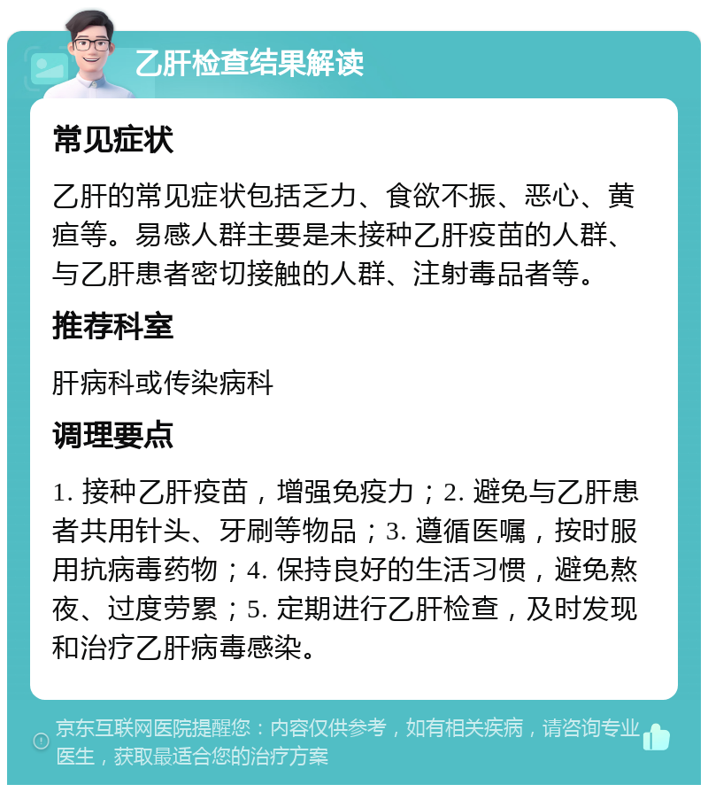 乙肝检查结果解读 常见症状 乙肝的常见症状包括乏力、食欲不振、恶心、黄疸等。易感人群主要是未接种乙肝疫苗的人群、与乙肝患者密切接触的人群、注射毒品者等。 推荐科室 肝病科或传染病科 调理要点 1. 接种乙肝疫苗，增强免疫力；2. 避免与乙肝患者共用针头、牙刷等物品；3. 遵循医嘱，按时服用抗病毒药物；4. 保持良好的生活习惯，避免熬夜、过度劳累；5. 定期进行乙肝检查，及时发现和治疗乙肝病毒感染。