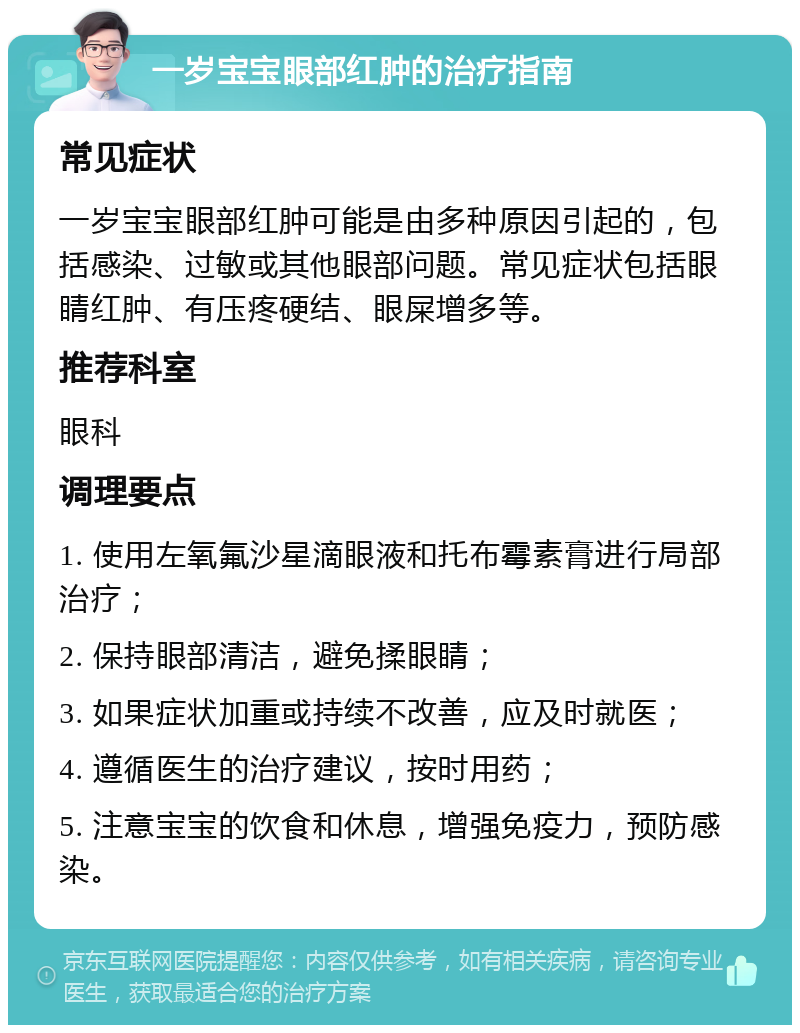 一岁宝宝眼部红肿的治疗指南 常见症状 一岁宝宝眼部红肿可能是由多种原因引起的，包括感染、过敏或其他眼部问题。常见症状包括眼睛红肿、有压疼硬结、眼屎增多等。 推荐科室 眼科 调理要点 1. 使用左氧氟沙星滴眼液和托布霉素膏进行局部治疗； 2. 保持眼部清洁，避免揉眼睛； 3. 如果症状加重或持续不改善，应及时就医； 4. 遵循医生的治疗建议，按时用药； 5. 注意宝宝的饮食和休息，增强免疫力，预防感染。