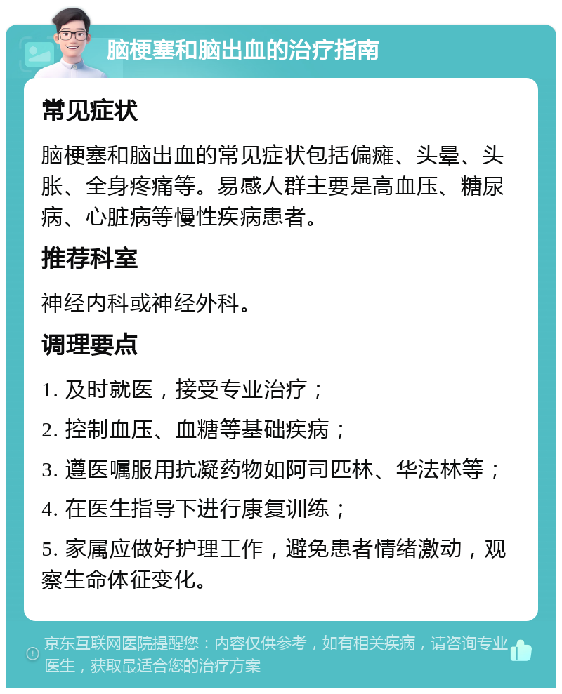 脑梗塞和脑出血的治疗指南 常见症状 脑梗塞和脑出血的常见症状包括偏瘫、头晕、头胀、全身疼痛等。易感人群主要是高血压、糖尿病、心脏病等慢性疾病患者。 推荐科室 神经内科或神经外科。 调理要点 1. 及时就医，接受专业治疗； 2. 控制血压、血糖等基础疾病； 3. 遵医嘱服用抗凝药物如阿司匹林、华法林等； 4. 在医生指导下进行康复训练； 5. 家属应做好护理工作，避免患者情绪激动，观察生命体征变化。