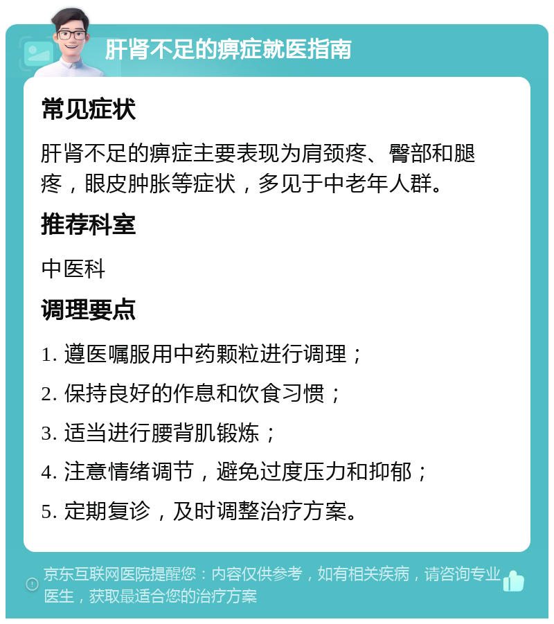 肝肾不足的痹症就医指南 常见症状 肝肾不足的痹症主要表现为肩颈疼、臀部和腿疼，眼皮肿胀等症状，多见于中老年人群。 推荐科室 中医科 调理要点 1. 遵医嘱服用中药颗粒进行调理； 2. 保持良好的作息和饮食习惯； 3. 适当进行腰背肌锻炼； 4. 注意情绪调节，避免过度压力和抑郁； 5. 定期复诊，及时调整治疗方案。