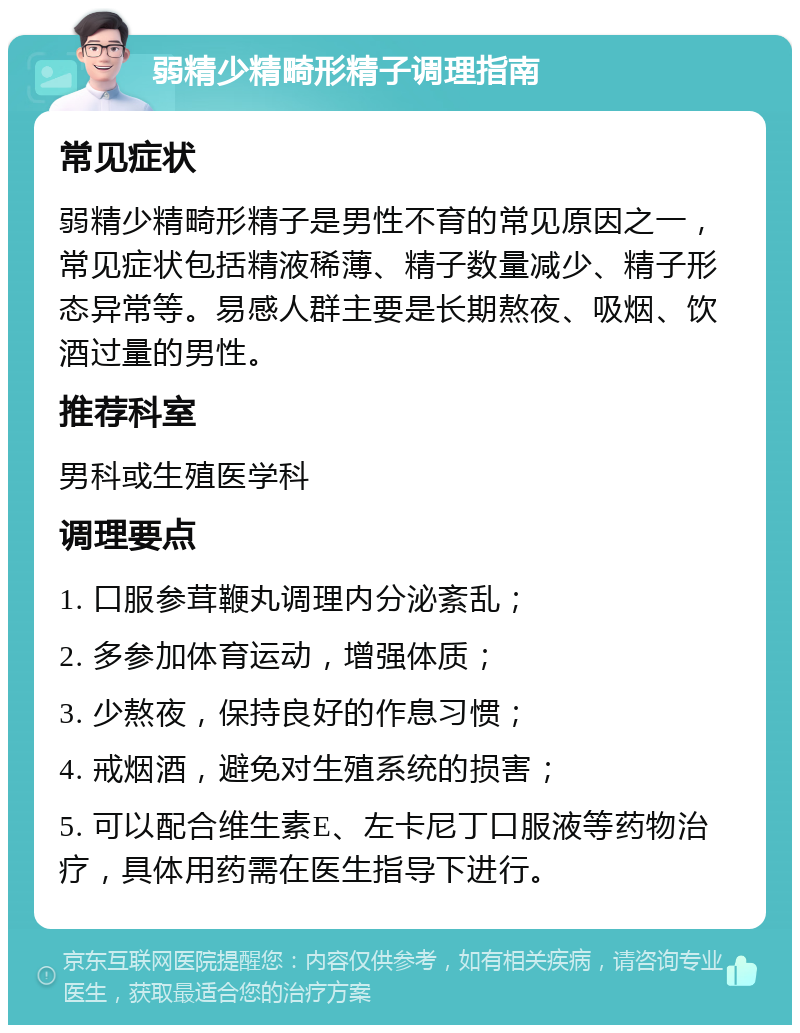 弱精少精畸形精子调理指南 常见症状 弱精少精畸形精子是男性不育的常见原因之一，常见症状包括精液稀薄、精子数量减少、精子形态异常等。易感人群主要是长期熬夜、吸烟、饮酒过量的男性。 推荐科室 男科或生殖医学科 调理要点 1. 口服参茸鞭丸调理内分泌紊乱； 2. 多参加体育运动，增强体质； 3. 少熬夜，保持良好的作息习惯； 4. 戒烟酒，避免对生殖系统的损害； 5. 可以配合维生素E、左卡尼丁口服液等药物治疗，具体用药需在医生指导下进行。