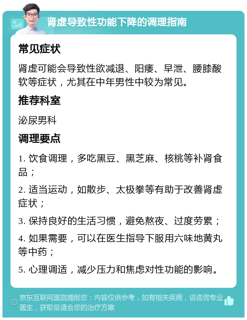 肾虚导致性功能下降的调理指南 常见症状 肾虚可能会导致性欲减退、阳痿、早泄、腰膝酸软等症状，尤其在中年男性中较为常见。 推荐科室 泌尿男科 调理要点 1. 饮食调理，多吃黑豆、黑芝麻、核桃等补肾食品； 2. 适当运动，如散步、太极拳等有助于改善肾虚症状； 3. 保持良好的生活习惯，避免熬夜、过度劳累； 4. 如果需要，可以在医生指导下服用六味地黄丸等中药； 5. 心理调适，减少压力和焦虑对性功能的影响。