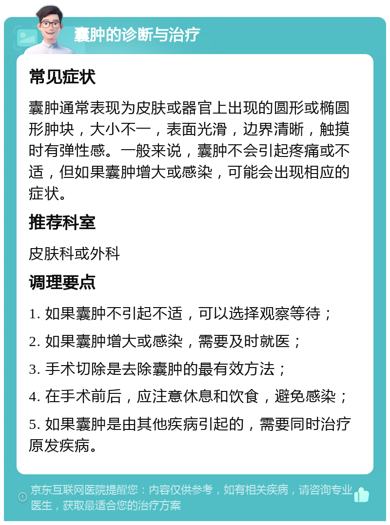 囊肿的诊断与治疗 常见症状 囊肿通常表现为皮肤或器官上出现的圆形或椭圆形肿块，大小不一，表面光滑，边界清晰，触摸时有弹性感。一般来说，囊肿不会引起疼痛或不适，但如果囊肿增大或感染，可能会出现相应的症状。 推荐科室 皮肤科或外科 调理要点 1. 如果囊肿不引起不适，可以选择观察等待； 2. 如果囊肿增大或感染，需要及时就医； 3. 手术切除是去除囊肿的最有效方法； 4. 在手术前后，应注意休息和饮食，避免感染； 5. 如果囊肿是由其他疾病引起的，需要同时治疗原发疾病。