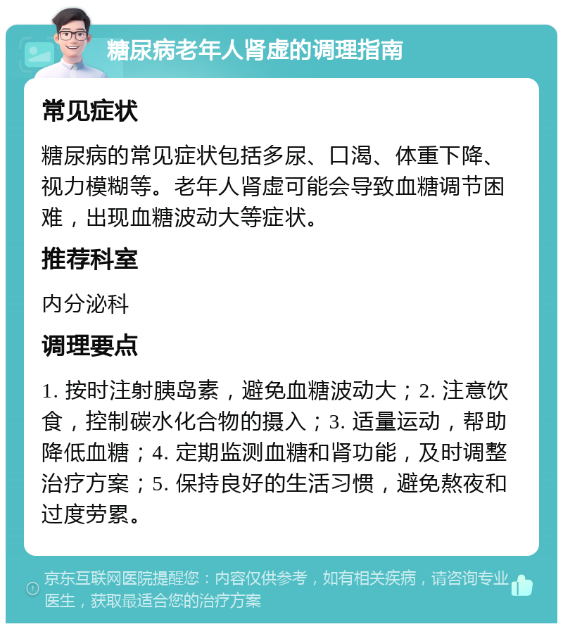 糖尿病老年人肾虚的调理指南 常见症状 糖尿病的常见症状包括多尿、口渴、体重下降、视力模糊等。老年人肾虚可能会导致血糖调节困难，出现血糖波动大等症状。 推荐科室 内分泌科 调理要点 1. 按时注射胰岛素，避免血糖波动大；2. 注意饮食，控制碳水化合物的摄入；3. 适量运动，帮助降低血糖；4. 定期监测血糖和肾功能，及时调整治疗方案；5. 保持良好的生活习惯，避免熬夜和过度劳累。