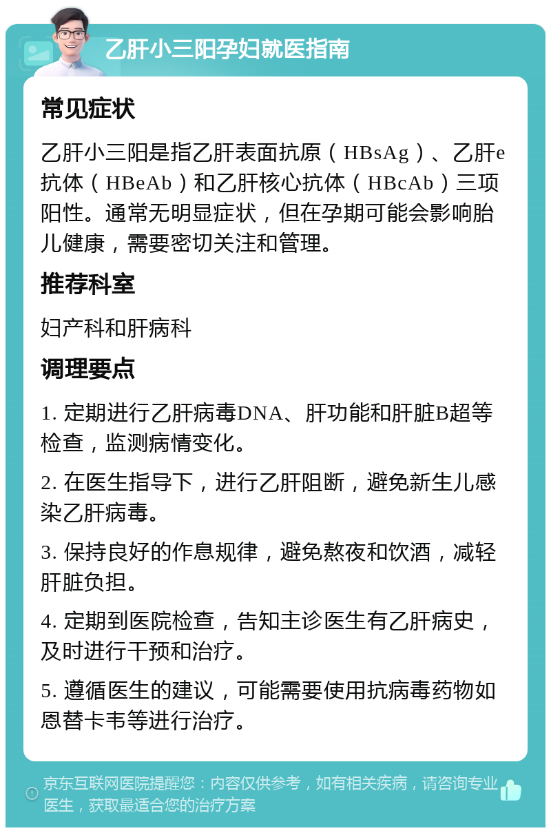 乙肝小三阳孕妇就医指南 常见症状 乙肝小三阳是指乙肝表面抗原（HBsAg）、乙肝e抗体（HBeAb）和乙肝核心抗体（HBcAb）三项阳性。通常无明显症状，但在孕期可能会影响胎儿健康，需要密切关注和管理。 推荐科室 妇产科和肝病科 调理要点 1. 定期进行乙肝病毒DNA、肝功能和肝脏B超等检查，监测病情变化。 2. 在医生指导下，进行乙肝阻断，避免新生儿感染乙肝病毒。 3. 保持良好的作息规律，避免熬夜和饮酒，减轻肝脏负担。 4. 定期到医院检查，告知主诊医生有乙肝病史，及时进行干预和治疗。 5. 遵循医生的建议，可能需要使用抗病毒药物如恩替卡韦等进行治疗。