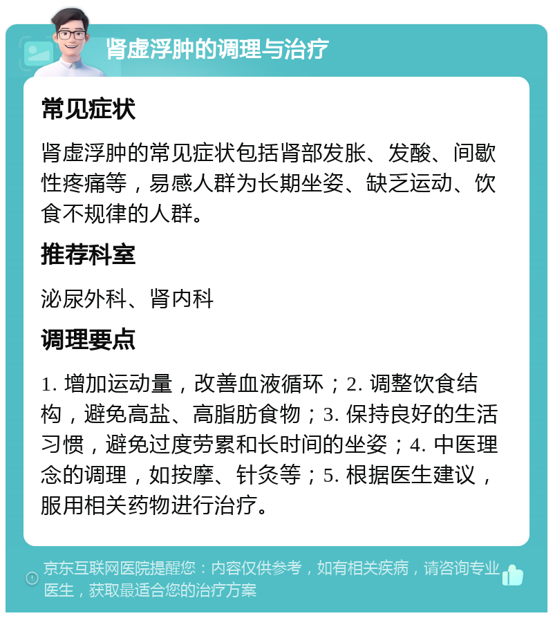 肾虚浮肿的调理与治疗 常见症状 肾虚浮肿的常见症状包括肾部发胀、发酸、间歇性疼痛等，易感人群为长期坐姿、缺乏运动、饮食不规律的人群。 推荐科室 泌尿外科、肾内科 调理要点 1. 增加运动量，改善血液循环；2. 调整饮食结构，避免高盐、高脂肪食物；3. 保持良好的生活习惯，避免过度劳累和长时间的坐姿；4. 中医理念的调理，如按摩、针灸等；5. 根据医生建议，服用相关药物进行治疗。