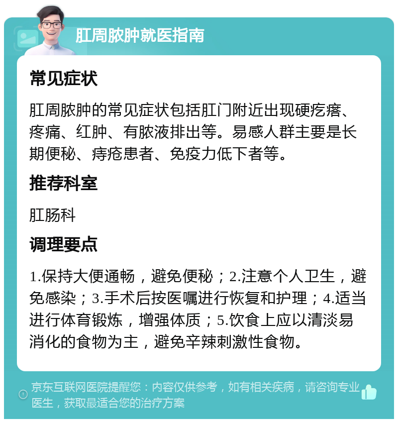 肛周脓肿就医指南 常见症状 肛周脓肿的常见症状包括肛门附近出现硬疙瘩、疼痛、红肿、有脓液排出等。易感人群主要是长期便秘、痔疮患者、免疫力低下者等。 推荐科室 肛肠科 调理要点 1.保持大便通畅，避免便秘；2.注意个人卫生，避免感染；3.手术后按医嘱进行恢复和护理；4.适当进行体育锻炼，增强体质；5.饮食上应以清淡易消化的食物为主，避免辛辣刺激性食物。