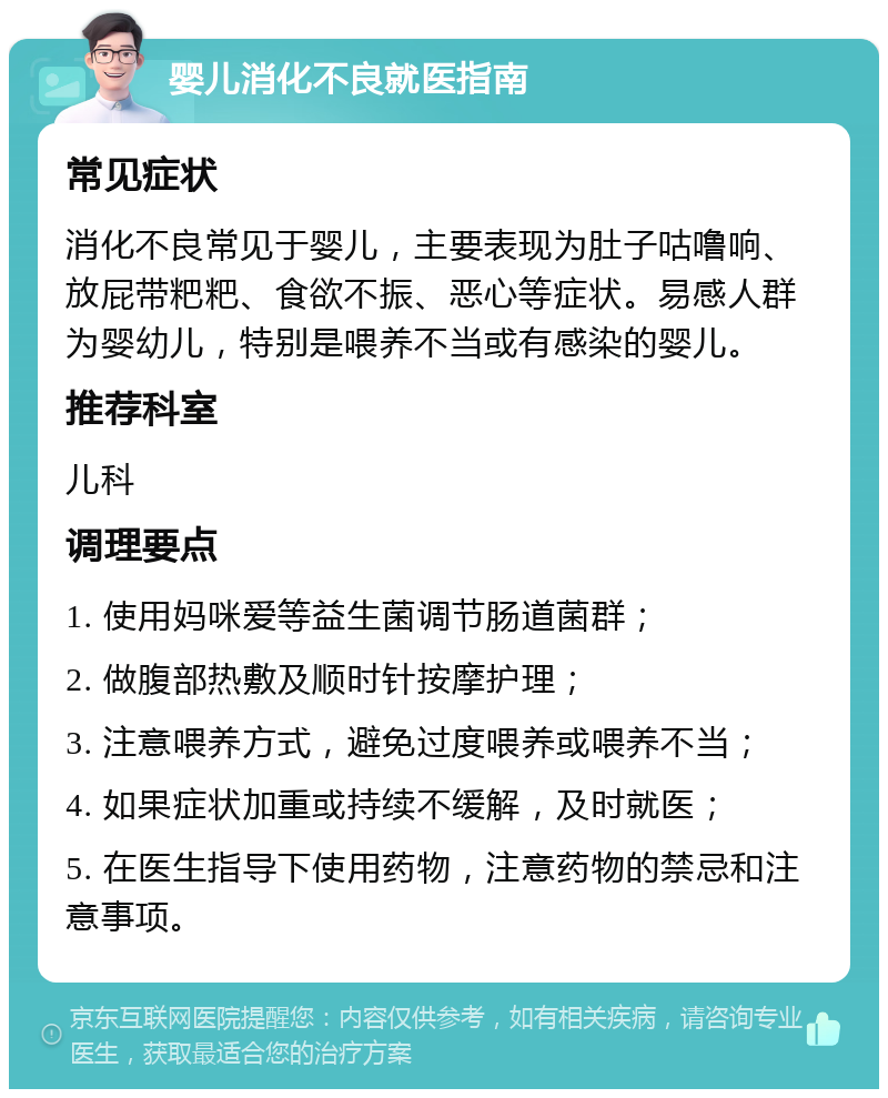 婴儿消化不良就医指南 常见症状 消化不良常见于婴儿，主要表现为肚子咕噜响、放屁带粑粑、食欲不振、恶心等症状。易感人群为婴幼儿，特别是喂养不当或有感染的婴儿。 推荐科室 儿科 调理要点 1. 使用妈咪爱等益生菌调节肠道菌群； 2. 做腹部热敷及顺时针按摩护理； 3. 注意喂养方式，避免过度喂养或喂养不当； 4. 如果症状加重或持续不缓解，及时就医； 5. 在医生指导下使用药物，注意药物的禁忌和注意事项。