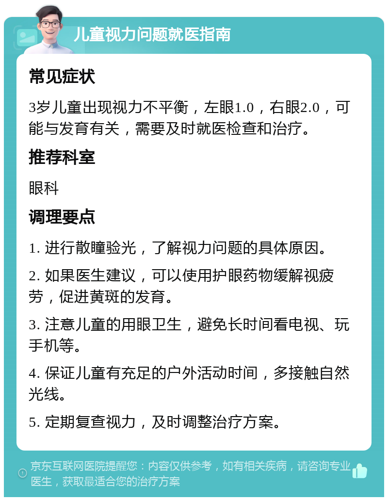 儿童视力问题就医指南 常见症状 3岁儿童出现视力不平衡，左眼1.0，右眼2.0，可能与发育有关，需要及时就医检查和治疗。 推荐科室 眼科 调理要点 1. 进行散瞳验光，了解视力问题的具体原因。 2. 如果医生建议，可以使用护眼药物缓解视疲劳，促进黄斑的发育。 3. 注意儿童的用眼卫生，避免长时间看电视、玩手机等。 4. 保证儿童有充足的户外活动时间，多接触自然光线。 5. 定期复查视力，及时调整治疗方案。