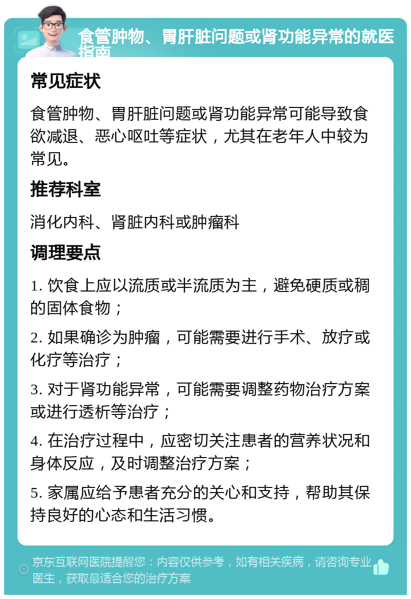 食管肿物、胃肝脏问题或肾功能异常的就医指南 常见症状 食管肿物、胃肝脏问题或肾功能异常可能导致食欲减退、恶心呕吐等症状，尤其在老年人中较为常见。 推荐科室 消化内科、肾脏内科或肿瘤科 调理要点 1. 饮食上应以流质或半流质为主，避免硬质或稠的固体食物； 2. 如果确诊为肿瘤，可能需要进行手术、放疗或化疗等治疗； 3. 对于肾功能异常，可能需要调整药物治疗方案或进行透析等治疗； 4. 在治疗过程中，应密切关注患者的营养状况和身体反应，及时调整治疗方案； 5. 家属应给予患者充分的关心和支持，帮助其保持良好的心态和生活习惯。