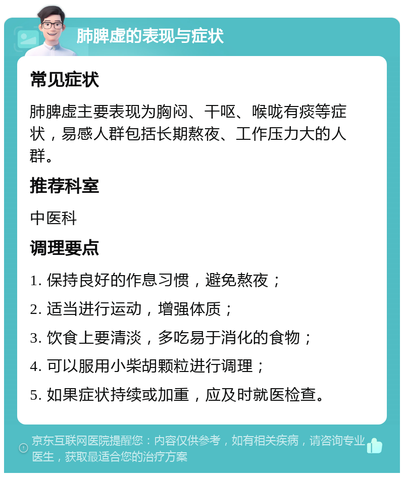 肺脾虚的表现与症状 常见症状 肺脾虚主要表现为胸闷、干呕、喉咙有痰等症状，易感人群包括长期熬夜、工作压力大的人群。 推荐科室 中医科 调理要点 1. 保持良好的作息习惯，避免熬夜； 2. 适当进行运动，增强体质； 3. 饮食上要清淡，多吃易于消化的食物； 4. 可以服用小柴胡颗粒进行调理； 5. 如果症状持续或加重，应及时就医检查。