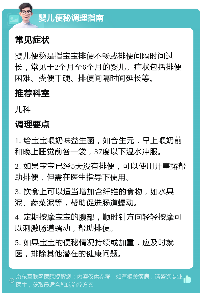 婴儿便秘调理指南 常见症状 婴儿便秘是指宝宝排便不畅或排便间隔时间过长，常见于2个月至6个月的婴儿。症状包括排便困难、粪便干硬、排便间隔时间延长等。 推荐科室 儿科 调理要点 1. 给宝宝喂奶味益生菌，如合生元，早上喂奶前和晚上睡觉前各一袋，37度以下温水冲服。 2. 如果宝宝已经5天没有排便，可以使用开塞露帮助排便，但需在医生指导下使用。 3. 饮食上可以适当增加含纤维的食物，如水果泥、蔬菜泥等，帮助促进肠道蠕动。 4. 定期按摩宝宝的腹部，顺时针方向轻轻按摩可以刺激肠道蠕动，帮助排便。 5. 如果宝宝的便秘情况持续或加重，应及时就医，排除其他潜在的健康问题。