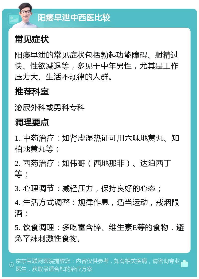 阳痿早泄中西医比较 常见症状 阳痿早泄的常见症状包括勃起功能障碍、射精过快、性欲减退等，多见于中年男性，尤其是工作压力大、生活不规律的人群。 推荐科室 泌尿外科或男科专科 调理要点 1. 中药治疗：如肾虚湿热证可用六味地黄丸、知柏地黄丸等； 2. 西药治疗：如伟哥（西地那非）、达泊西丁等； 3. 心理调节：减轻压力，保持良好的心态； 4. 生活方式调整：规律作息，适当运动，戒烟限酒； 5. 饮食调理：多吃富含锌、维生素E等的食物，避免辛辣刺激性食物。