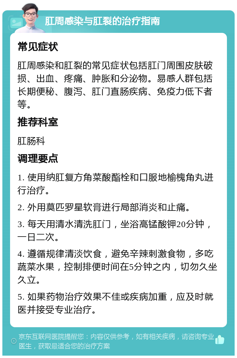 肛周感染与肛裂的治疗指南 常见症状 肛周感染和肛裂的常见症状包括肛门周围皮肤破损、出血、疼痛、肿胀和分泌物。易感人群包括长期便秘、腹泻、肛门直肠疾病、免疫力低下者等。 推荐科室 肛肠科 调理要点 1. 使用纳肛复方角菜酸酯栓和口服地榆槐角丸进行治疗。 2. 外用莫匹罗星软膏进行局部消炎和止痛。 3. 每天用清水清洗肛门，坐浴高锰酸钾20分钟，一日二次。 4. 遵循规律清淡饮食，避免辛辣刺激食物，多吃蔬菜水果，控制排便时间在5分钟之内，切勿久坐久立。 5. 如果药物治疗效果不佳或疾病加重，应及时就医并接受专业治疗。